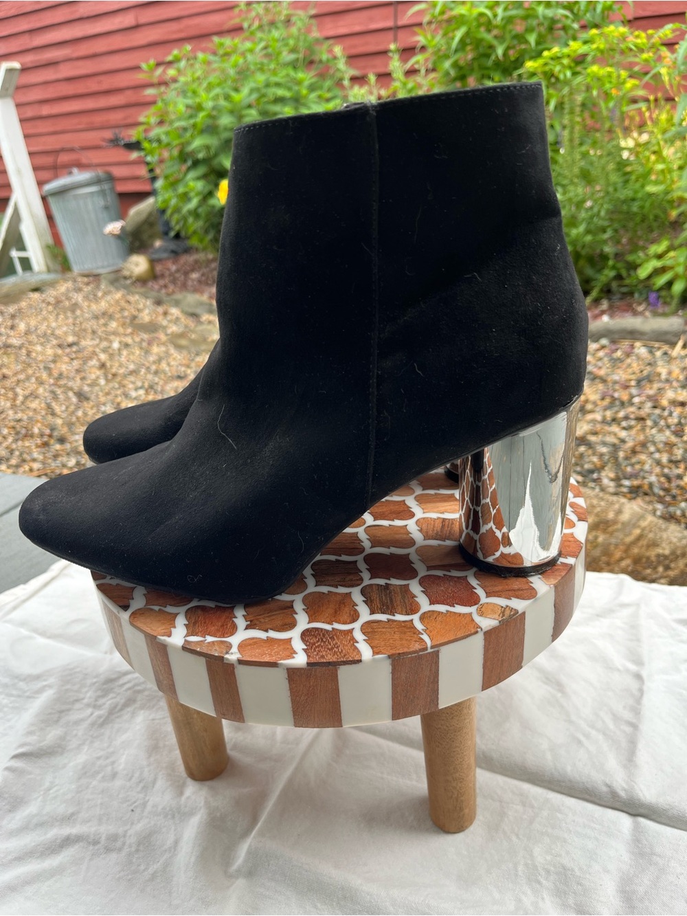 Primark Black Suede Ankle Boots with Metallic Silver Block Heel